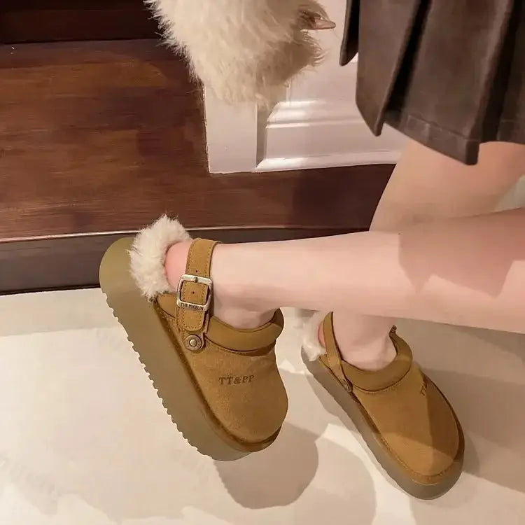 New Luxury Winter Women's Mules Slippers Plush Fashion Retro Bean Shoes Cotton Ladies Thick Sole Slippers Platform Woman Boots dermacollagene.com