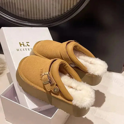 New Luxury Winter Women's Mules Slippers Plush Fashion Retro Bean Shoes Cotton Ladies Thick Sole Slippers Platform Woman Boots dermacollagene.com