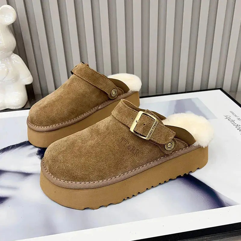 New Luxury Winter Women's Mules Slippers Plush Fashion Retro Bean Shoes Cotton Ladies Thick Sole Slippers Platform Woman Boots dermacollagene.com
