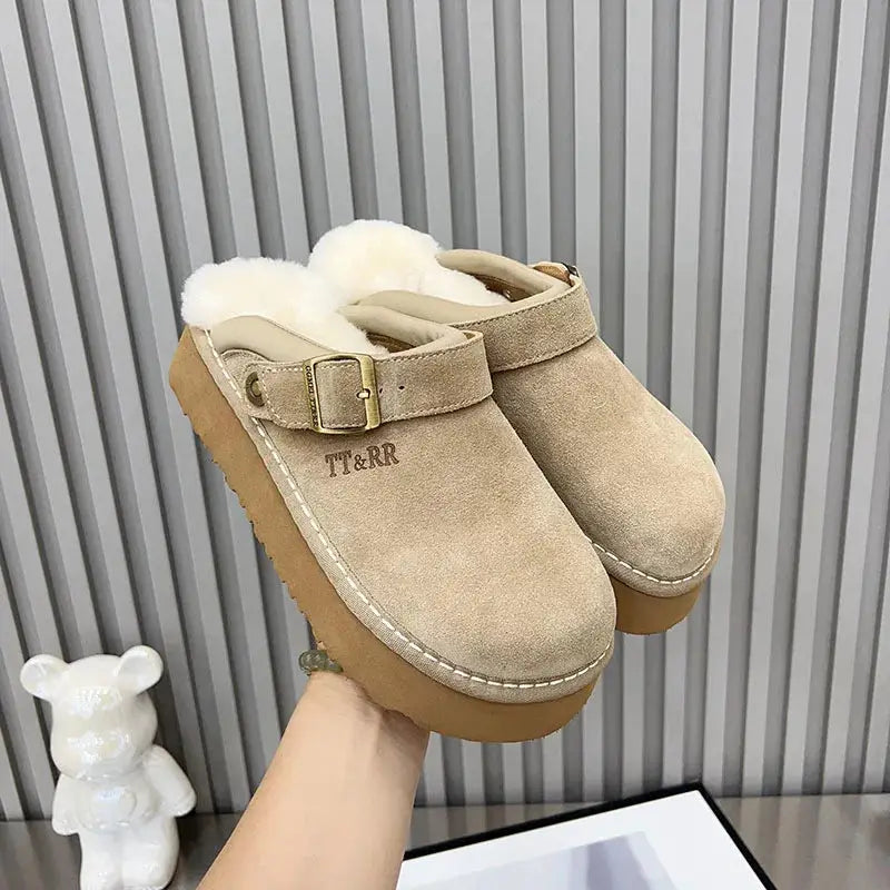 New Luxury Winter Women's Mules Slippers Plush Fashion Retro Bean Shoes Cotton Ladies Thick Sole Slippers Platform Woman Boots dermacollagene.com