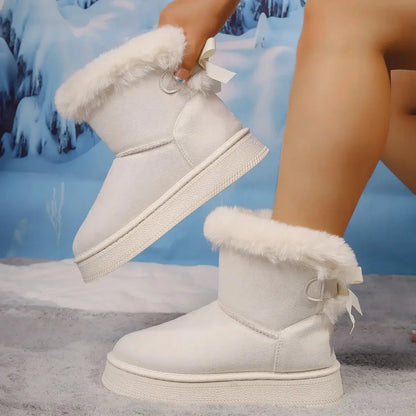 Outer Wear Non-slip Short Boot New Winter Warm Plush Women Shoes Bow Knot Snow Boots Ladies Platform Shoes Ankle Boots for Women dermacollagene.com