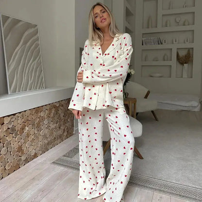 Summer New Love Heart Print Pyjama 100% Cotton Long Sleeve Set 2Pcs Outfit Lapel Sleepwear Button Down Women's Pajamas Nightwear dermacollagene.com