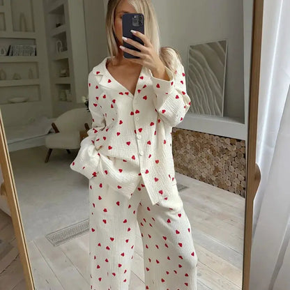 Summer New Love Heart Print Pyjama 100% Cotton Long Sleeve Set 2Pcs Outfit Lapel Sleepwear Button Down Women's Pajamas Nightwear dermacollagene.com