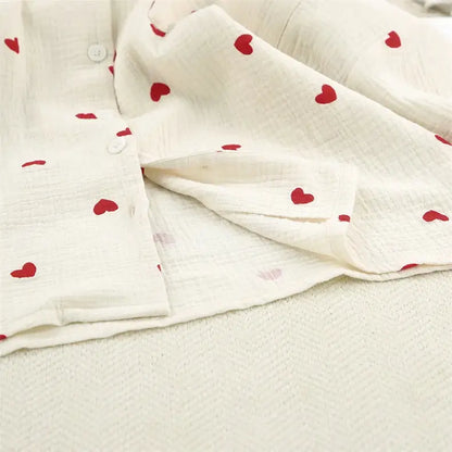 Summer New Love Heart Print Pyjama 100% Cotton Long Sleeve Set 2Pcs Outfit Lapel Sleepwear Button Down Women's Pajamas Nightwear dermacollagene.com
