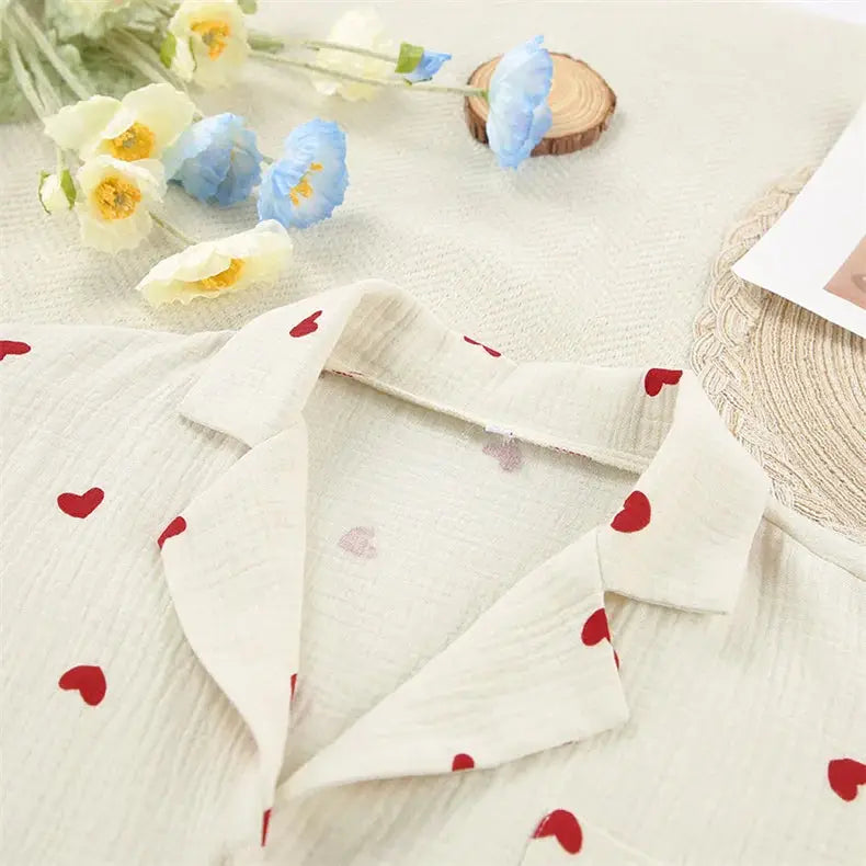 Summer New Love Heart Print Pyjama 100% Cotton Long Sleeve Set 2Pcs Outfit Lapel Sleepwear Button Down Women's Pajamas Nightwear dermacollagene.com