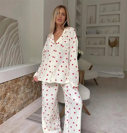 Summer New Love Heart Print Pyjama 100% Cotton Long Sleeve Set 2Pcs Outfit Lapel Sleepwear Button Down Women's Pajamas Nightwear dermacollagene.com
