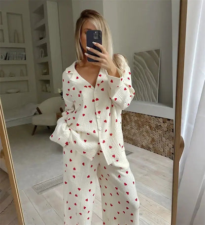 Summer New Love Heart Print Pyjama 100% Cotton Long Sleeve Set 2Pcs Outfit Lapel Sleepwear Button Down Women's Pajamas Nightwear dermacollagene.com