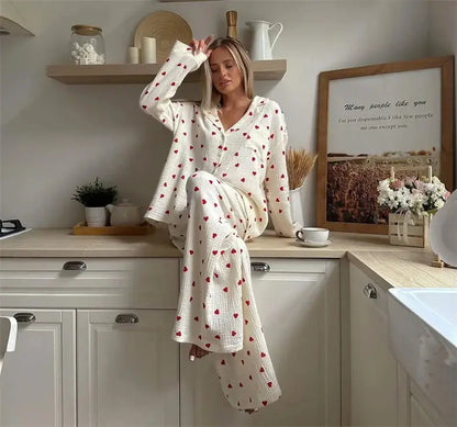 Summer New Love Heart Print Pyjama 100% Cotton Long Sleeve Set 2Pcs Outfit Lapel Sleepwear Button Down Women's Pajamas Nightwear dermacollagene.com