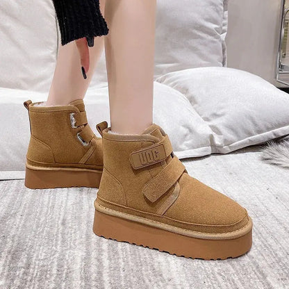 Winter Outdoor Women's Faux Cow Suede Plush Warm Shoes Fashion Snow Boots Girls Flat Platform Booties Casual Thick Sole Sneakers dermacollagene.com