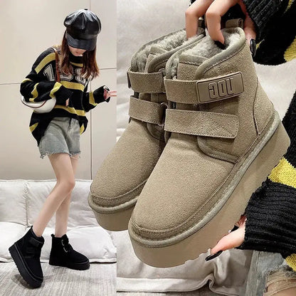 Winter Outdoor Women's Faux Cow Suede Plush Warm Shoes Fashion Snow Boots Girls Flat Platform Booties Casual Thick Sole Sneakers dermacollagene.com