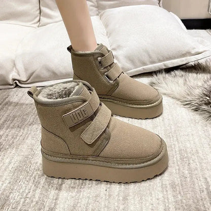 Winter Outdoor Women's Faux Cow Suede Plush Warm Shoes Fashion Snow Boots Girls Flat Platform Booties Casual Thick Sole Sneakers dermacollagene.com