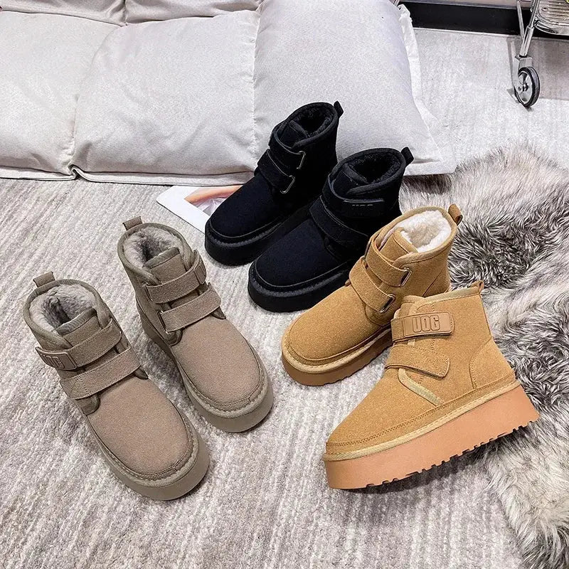 Winter Outdoor Women's Faux Cow Suede Plush Warm Shoes Fashion Snow Boots Girls Flat Platform Booties Casual Thick Sole Sneakers dermacollagene.com